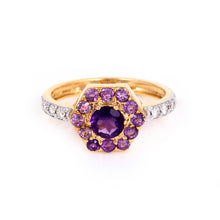 Load image into Gallery viewer, Flower Cut Amethyst 14k Yellow Gold Hexagonal Ring with Pave Diamonds