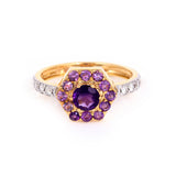 Flower Cut Amethyst 14k Yellow Gold Hexagonal Ring with Pave Diamonds