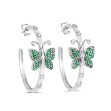 Load image into Gallery viewer, Green Butterfly 14K White Gold Hoop Earring with Diamonds