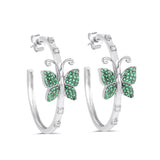 Green Butterfly 14K White Gold Hoop Earring with Diamonds