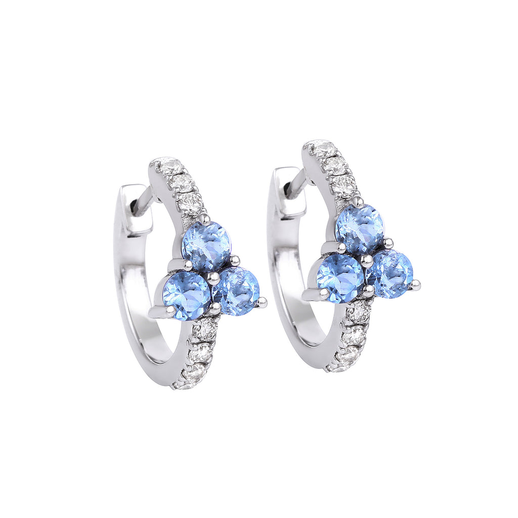 Aquamarine Flower Hoop Earring With  Diamonds in 14K White Gold