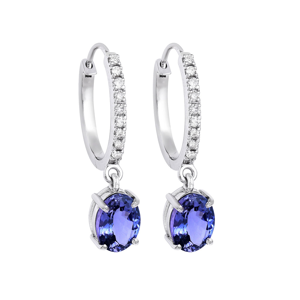 Hoop Earring With Tanzanite Drop and Pave Diamonds in 14K Gold