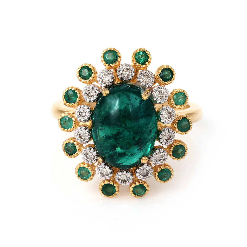 Emerald & Diamond Flower Shaped Statement Gold Ring