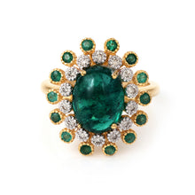 Load image into Gallery viewer, Emerald &amp; Diamond Flower Shaped Statement Gold Ring