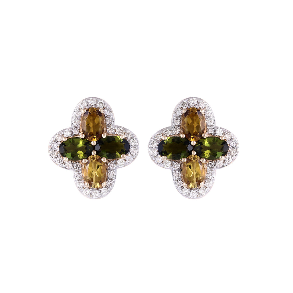 Green & Yellow Tourmaline Earring In 14K White Gold & Diamonds