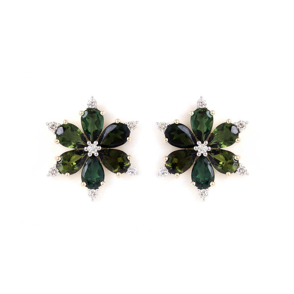 Green Floral Earring With Tourmaline & Diamonds In 14K Gold