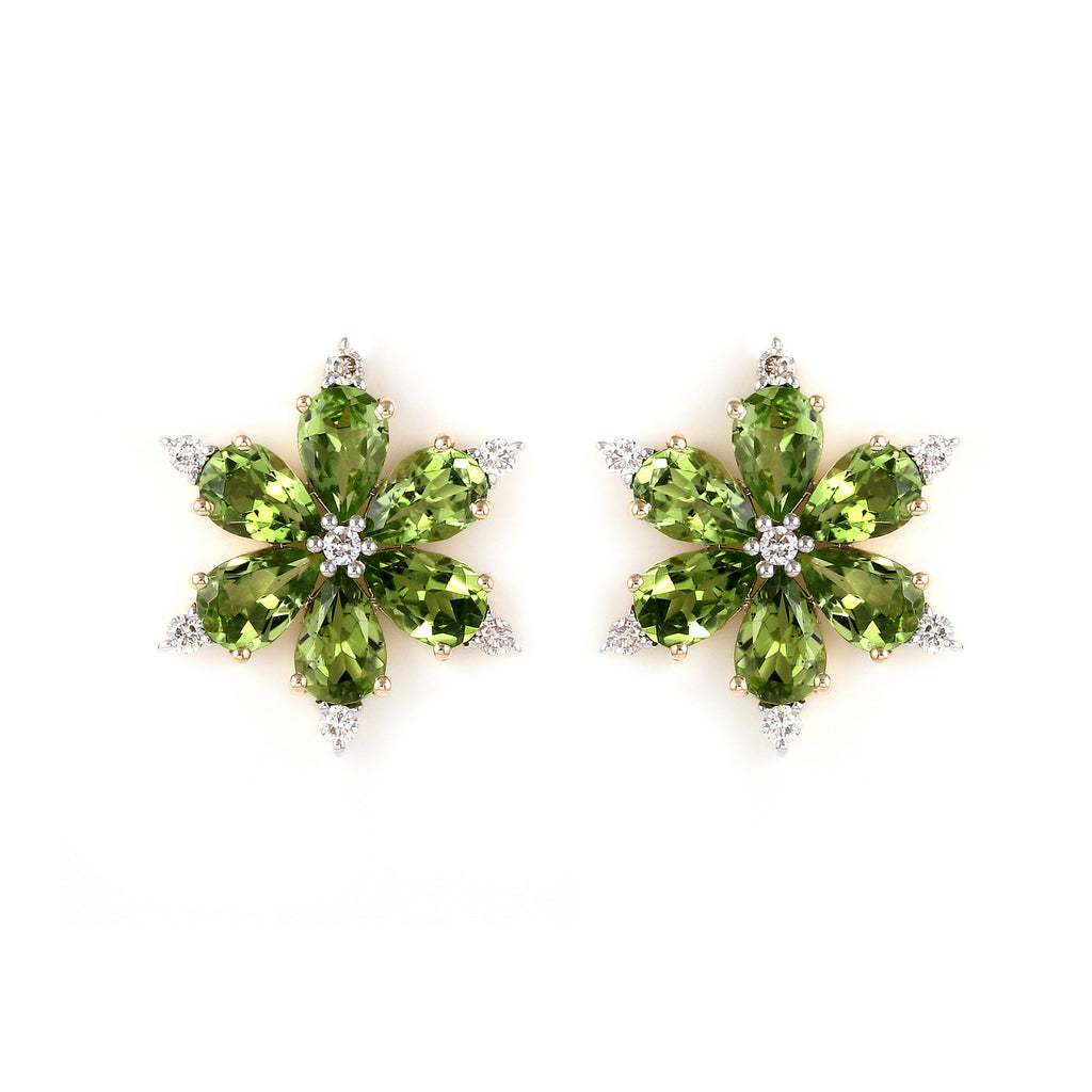 Peridot Minimalist 14K White Gold Floral Earring With Diamonds