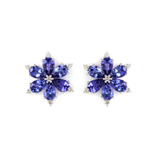 Load image into Gallery viewer, Tanzanite Flower 14K White Gold Studs with Sparkling Diamonds