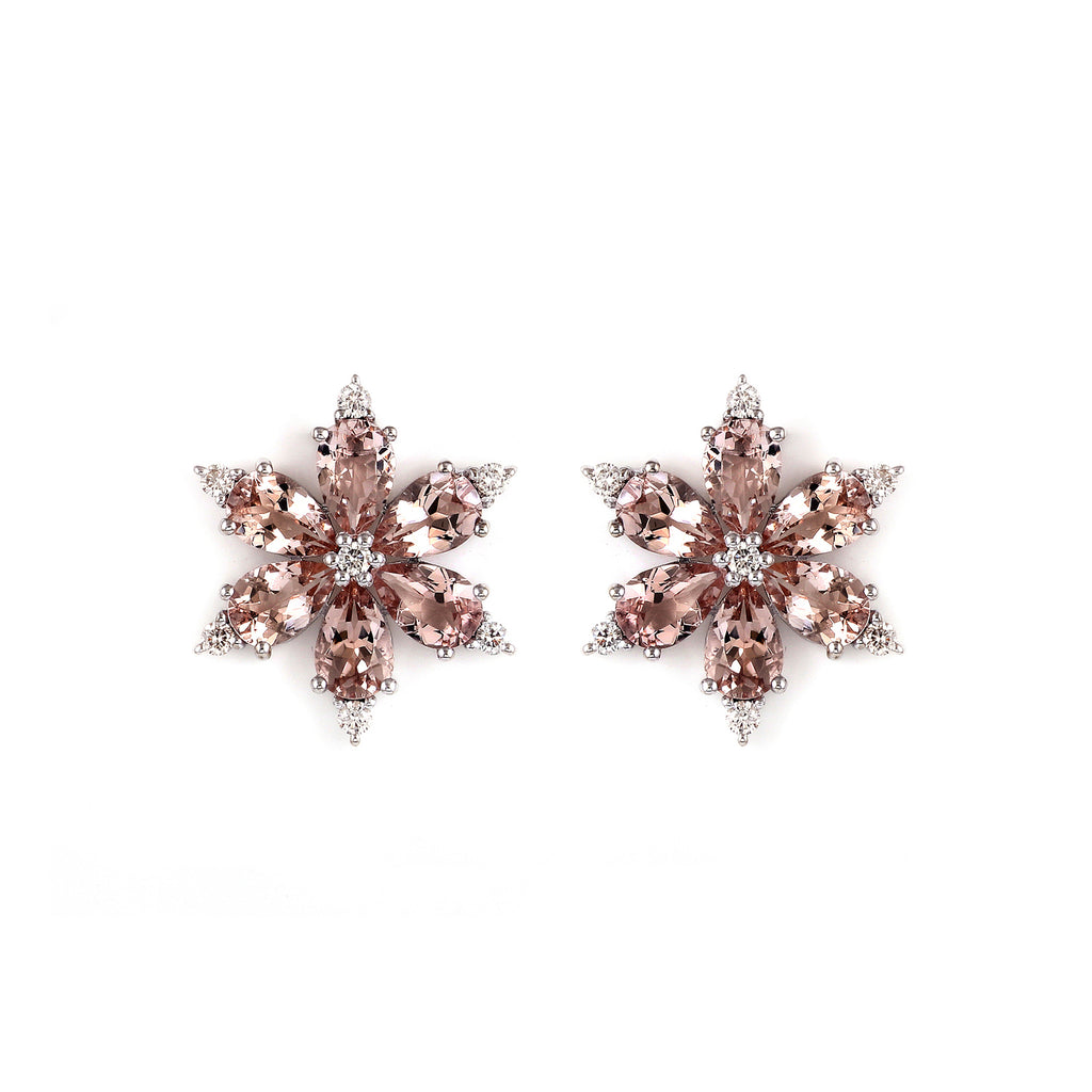 Flower Stud Earring With Morganite and Diamonds in 14K White Gold