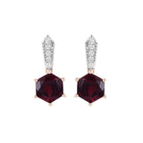 Hexagonal 14K Gold Stud Earring With Red Garnet and Pave Diamonds