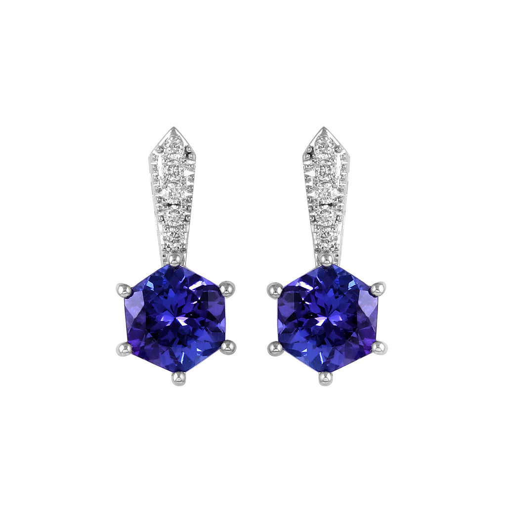 Hexagonal Shaped 14K Gold Fancy Earring With Tanzanite & Diamonds