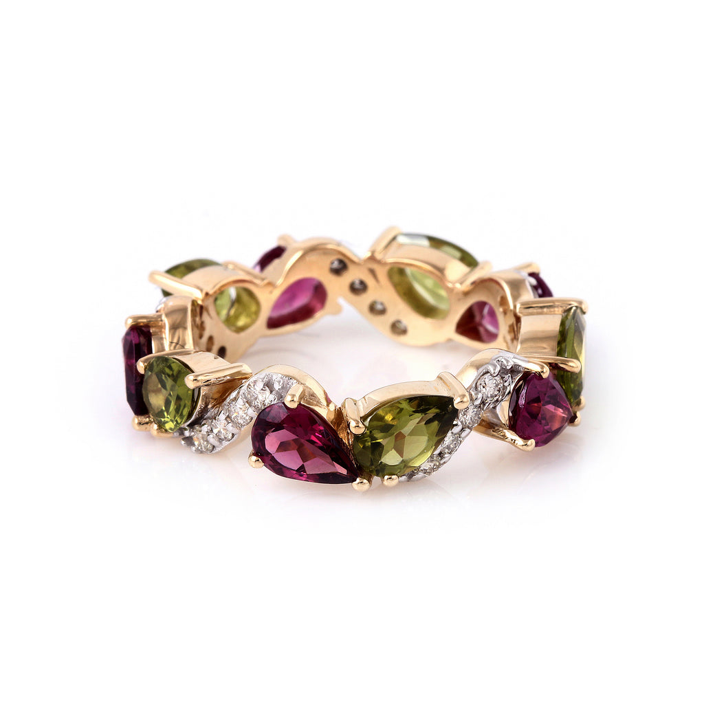 Peridot & Rhodolite Light Weight Eternity 14K Gold Band With Diamonds