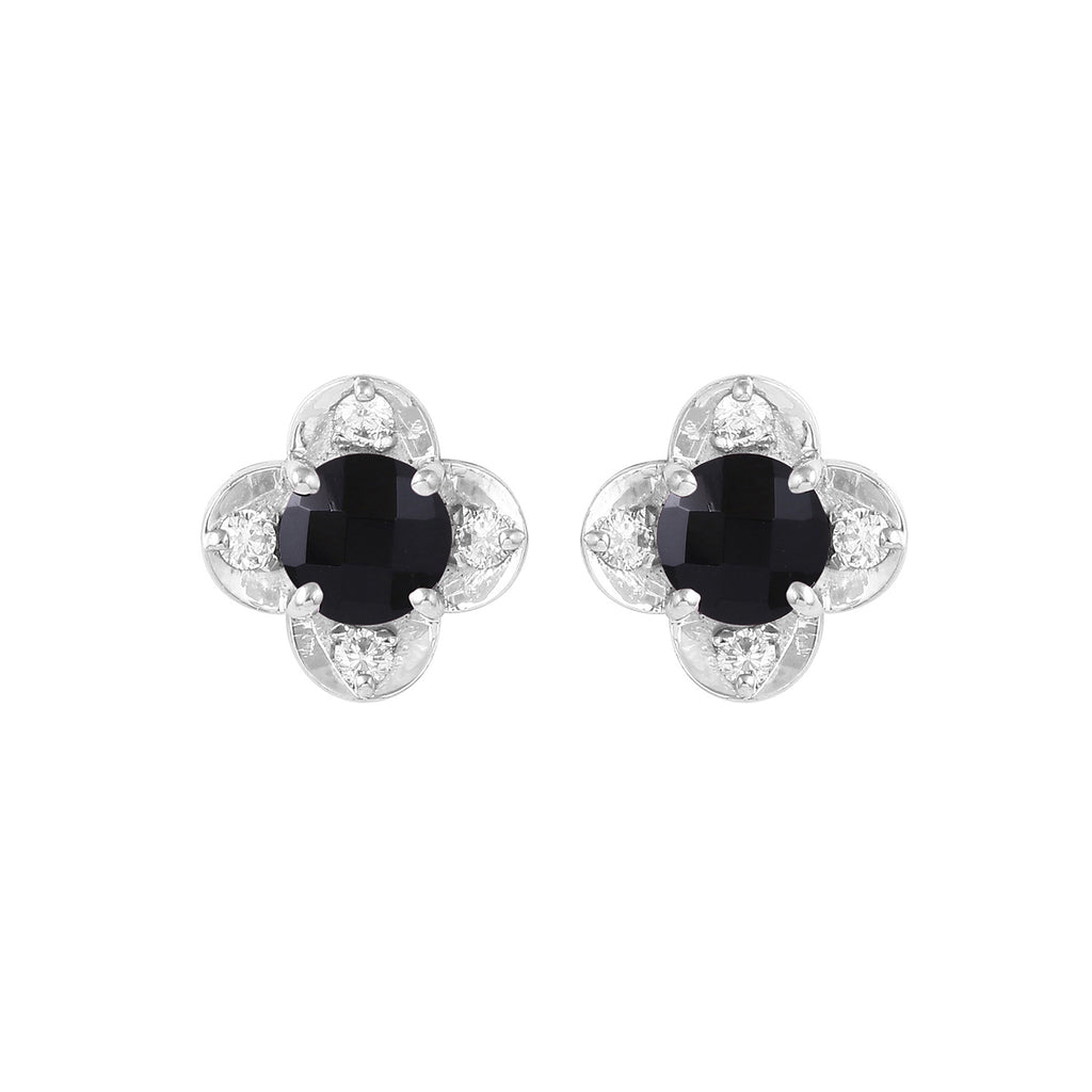 Black Onyx Floral Fantasy Studs With Diamonds in 14K White Gold