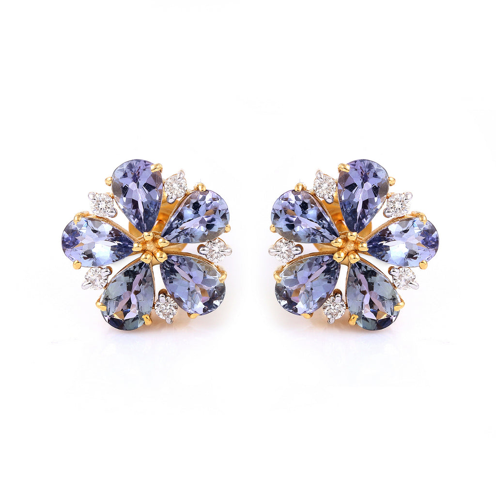 Unheated Tanzanite 14K Gold Floral Sparkle Earrings With Diamonds