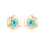 Emerald Shield Studs In 14K Yellow Gold Complemented by Diamonds