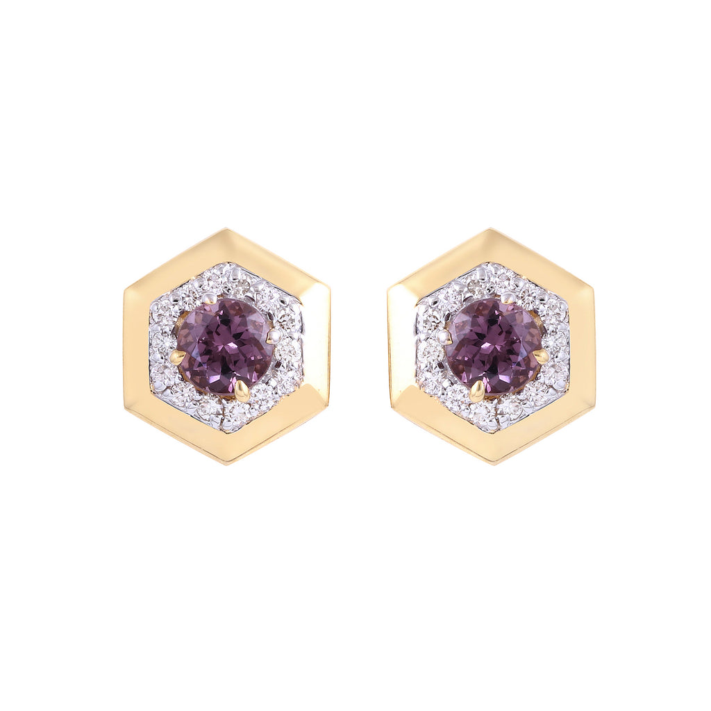 Hexagonal Lavender Spinel Gold Earrings Complemented by Diamonds