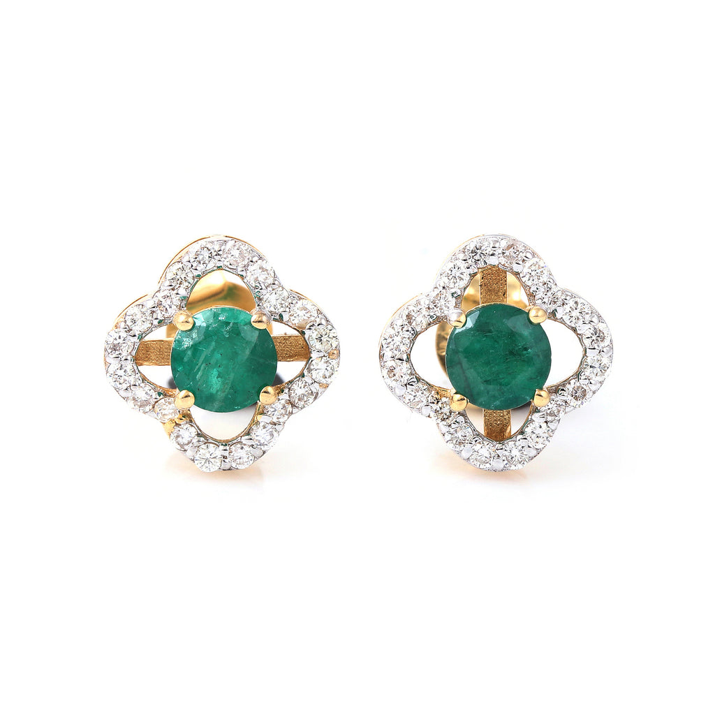 Emerald Flower Studs In 14K Yellow Gold Complemented by Diamonds