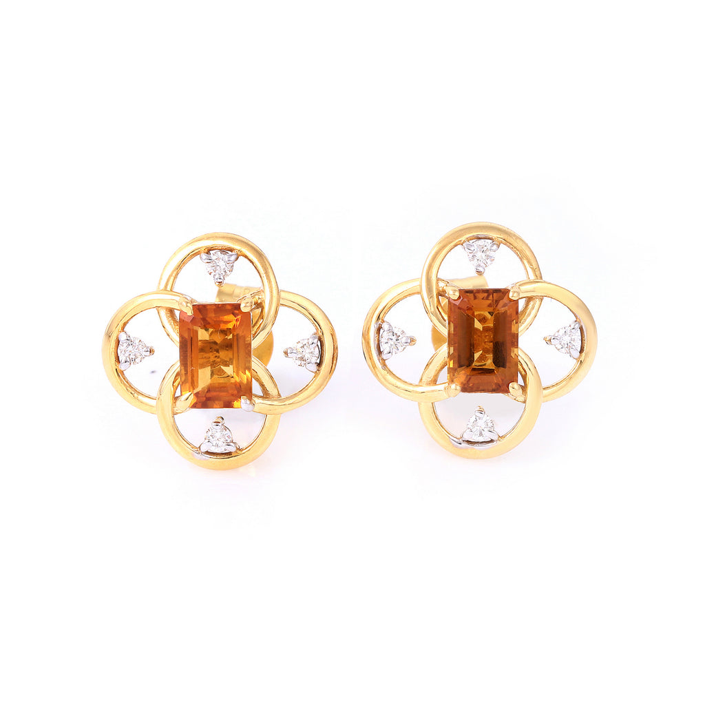 Sun Kissed Floral Citrine Studs In 14K Gold Complemented by Diamonds