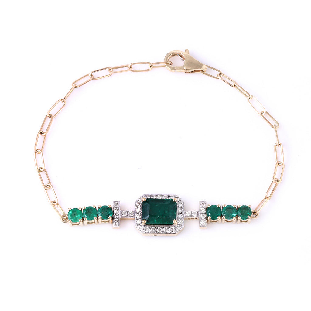 Emerald and Diamond Clip Chain 14K Gold Bracelet