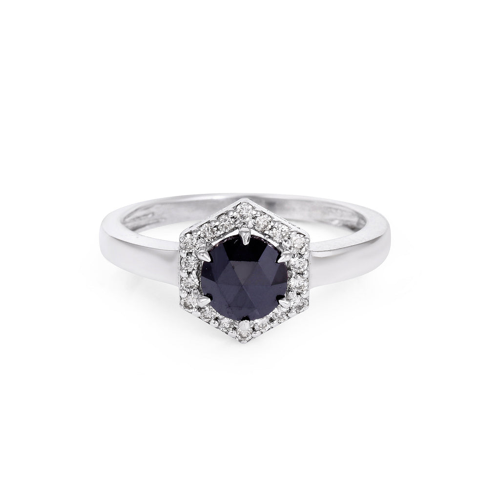 Black Diamond Hexagonal 14k White Gold Ring with Diamonds Halo