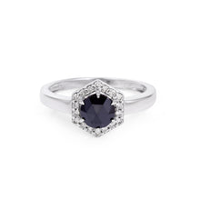 Load image into Gallery viewer, Black Diamond Hexagonal 14k White Gold Ring with Diamonds Halo